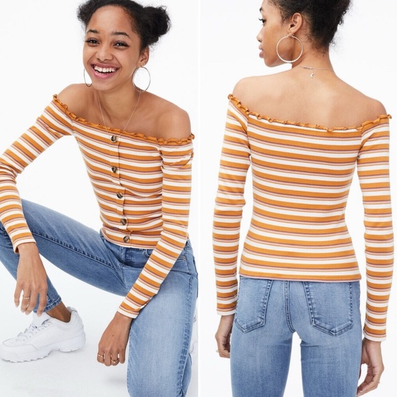 NWT Aero Seriously Soft Bodycon Top XL Off Shoulder Striped Y2K Boho Orange Crop - Picture 9 of 9